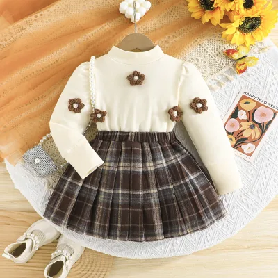 A New Set of Girls' Knitwear Skirt Two-piece Set of Autumn and Winter Three-dimensional Flowers