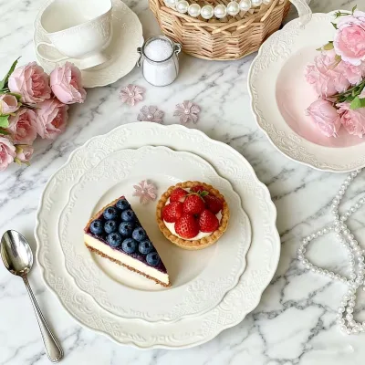 Modern Simplicity Ins Embossed Microwave Safe Ceramic Flat Plate White Rose Dessert Dinner Plate Western Food High Color Value