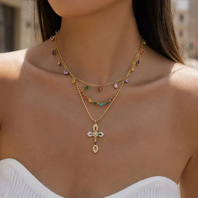 Wholesale Gold Colorful Cross Choker Necklace Stainless Steel Hypoallergenic Enamel Short Necklace Religious Fashion Jewelry