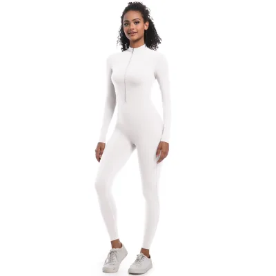 Skin-Friendly Solid Color Sexy Gym Sports Bodysuit One-Piece Yoga Clothing With Tight Training Jumpsuit Half Pull Design