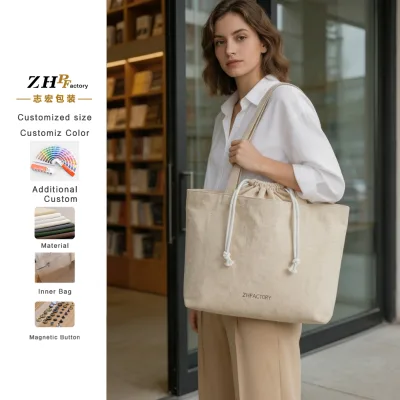 ZHPFACTORY Wholesale Plain Beige Cotton Canvas Tote Bag OEM Reusable Shopper Bag Large Shopping Bag With Drawstring Closure