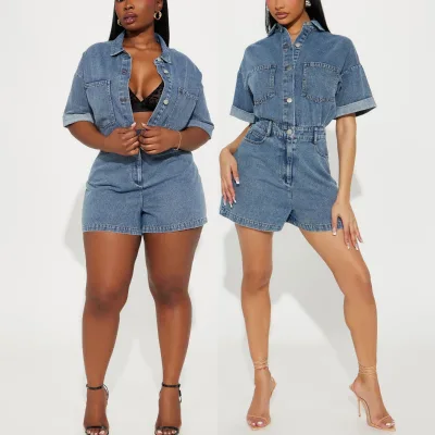 New Arrival Women's New Fashion Stretch Short Sleeve Loose Denim Jumpsuit for Women