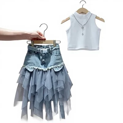 Summer Girls' New Simple Solid-color Skirt Set of Two Pieces, Net-stitched Denim Skirt