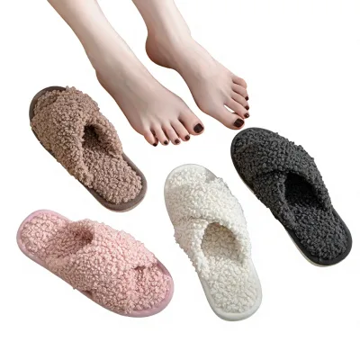 European American Fluffy Cross-Strap for Women Skin-Friendly Plush Upper Warm Autumn PVC Outsole Open-Toed House Model 955