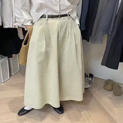 Hip-Covering Utility Washed Cotton Pleated Midi Skirt Women's Autumn Slimming Casual Elegant A-Line Skirt