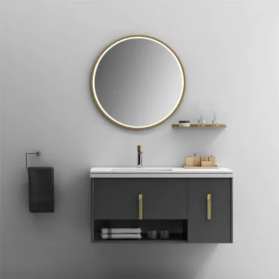 Modern Minimalist Wall Mounted Bathroom Vanity Dark Gray Floating Cabinet with Integrated Sink LED Mirror Gold Faucet