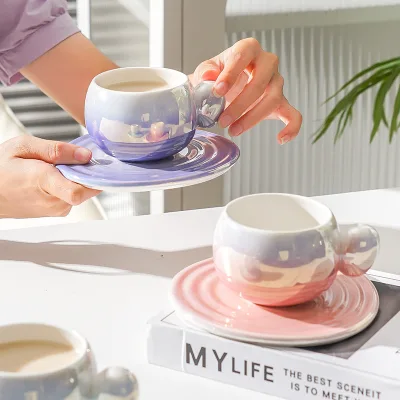 Custom Nordic Style Ceramic Mug with Saucer Water Coffee Milk Tea Juice Mug Personality Gradient Color Gift Water Cup