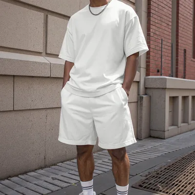 Men Casual Short-sleeved Tshirt for Men Pants Suit  Summer Sports Two-piece Custom Loose Sportswear Solid Color Set