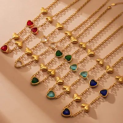 New Arrivals Multi-color love Glass Necklace Bracelet Earrings Set Luxury Stainless Steel Gold-plated Heart-shaped Jewelry Sets