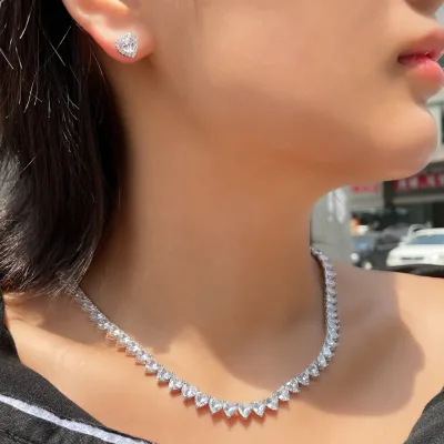 Trendy Brass Zircon Heart Link Chain Necklace for Girls Women Delicate Iced Sparkling Bling Fashion Jewelry Gift