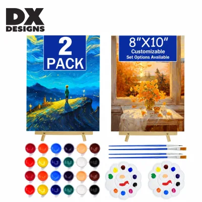 Bulk 8 Pack Painting Party Kit Complete Art Supplies Set with Mini Wooden Easels 100% Cotton Canvas 12 Colors Acrylic Paint Kit