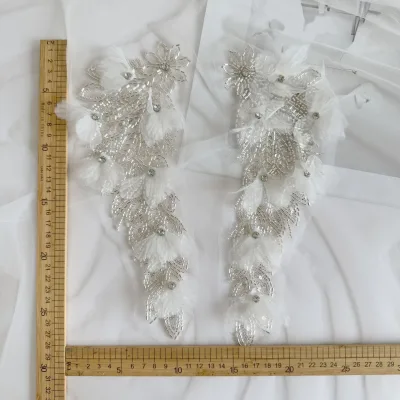Handmade Tulle Embroidery Floral Patch Chiffon Rhinestone Beaded Applique for Qipao Chinese Wedding Gown Accessories