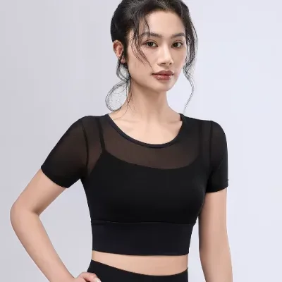 2025 Wholesale Activewear Mesh Running Workout Padded Crop Top Quick Dry Fitness Short Sleeve Girls Sports Yoga T-shirt Top
