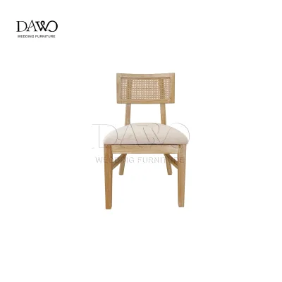 Minimal Square Rattan Back Solid Wood Hotel Chair Natural Log Finish Beige Curved Fabric Cushion Wedding Chair