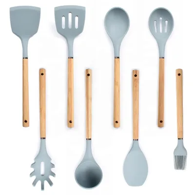 Kitchen Utensils Set Kitchen Tools for Cooking Non-stick Serving Spoons with Wood Handle Heat Resistant Silicone Customized Logo