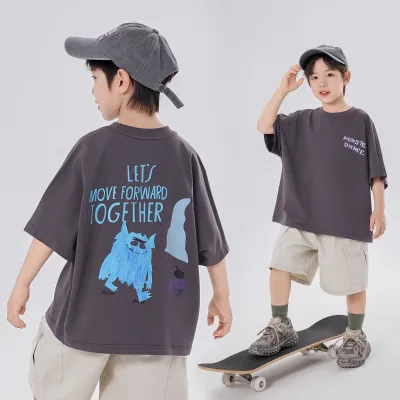 Longjida Moisture Wicking Cotton Preppy Style Boys' T-Shirt Cartoon Print Crew Neck Short Sleeves Older Children Summer Top