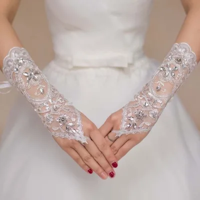 Women White Bridal Glove Wedding Dress Sleeve Gloves Fingerless Short Bridal Glove with Lace