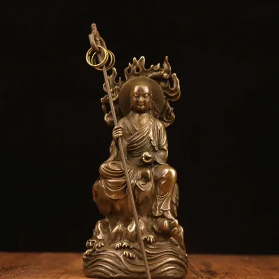 Antique Brass Bodhisattva Statue Copper Metal Yellow Sitting Rock Fire Ksitigarbha Sculptures Figurine Statue Home Gift Items