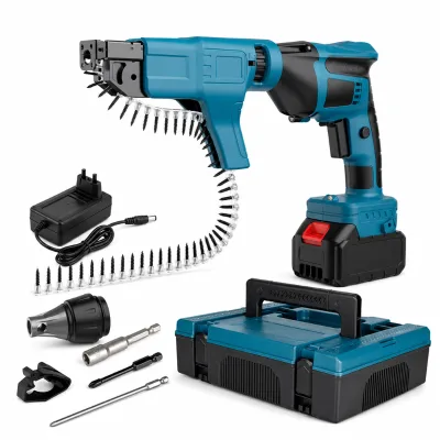 21V Brushless Industrial Cordless Auto-Feed Screw Gun Chain-Link Nail Gun 2x Lithium Batteries 0-3.5in Nail Length for