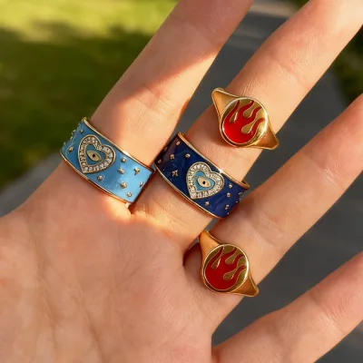 Asu 2 Styles Enamel Rings Set Blue Eye Heart & Flame Signet 18K Gold Plated Stainless Steel Stackable Rings for Women