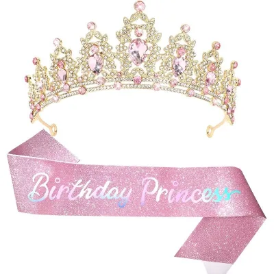 Birthday Crown and Sash for Women | Princess Tiara with Sparkly Rhinestone & Sash, Adjustable Fit for Girls Birthdays Costume