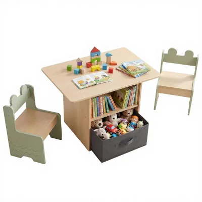 Kids Activity Desk and Chair Set Wooden Toddler 2 Open Compartments Fabric Drawer Spacious Desktop for Indoor Arts & Crafts