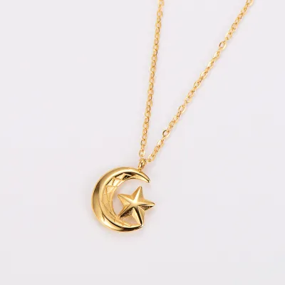 Stylish Moon & Star Pendant Necklace Stainless Steel PVD 18K Gold Plated Fashion Elegant Jewelry Gift for Women