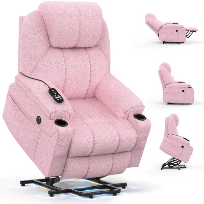 DDP Electric Manual Medical Lift Riser Ergonomic Sofa Recliner with Pink Fabric Upholstery and Cup Holder for Elderly Patients