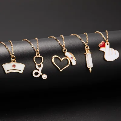 Manufacturer Enamel Stethoscope Injector Syringe Nurse Cap Hat Heart Pendants Necklaces Medical Nursing Charm Necklace