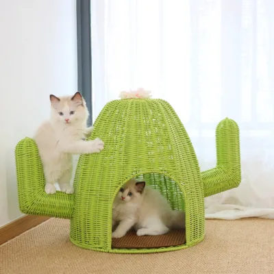Wholesale Washable Rattan Woven Cat Litter Semi-Closed Grass Woven Pet House Storage Baskets for Cats