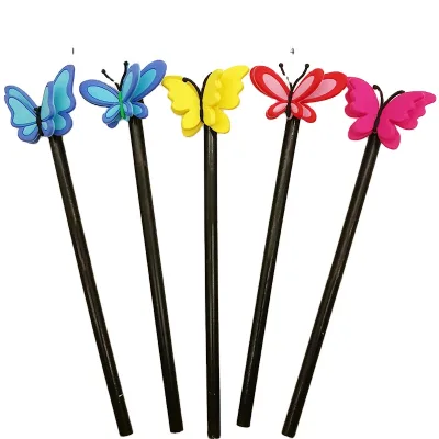 Factory Made Colorful butterfly Pencil with Pvc Topper Custom logo Cute Cartoon Rubber Pencil Topper for Kids Stationery