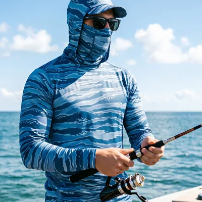 OEM Ocean Camou Sun Protection Hoodie UPF 50+ Cooling Built-in Breathable Balaclava Mens Fishing Clothes