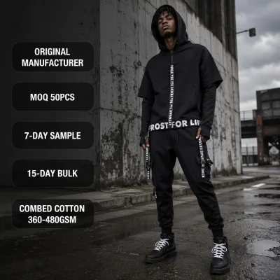 Custom Black Heavyweight Fleece 420GSM Layered Sleeve Thumbhole Cargo Jogger Text Print Men's Streetwear Two Piece Set