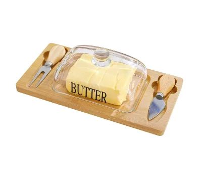 Glass Butter Dish With Lid Bamboo Base Butter Dish with Lid and Butter Curler Knife with Cover for Table Dishwasher Safe
