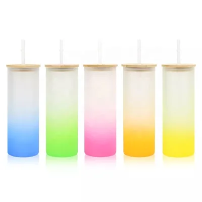 Hot Sale 17oz Sublimation Glass Water Bottle Gradient Frosted Straight Colored Glass Tumblers With Bamboo Lid