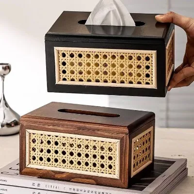 Solid Wood Japanese Rattan Tissue Box Retro Home Living Room and Restaurant High-End Coffee Table Accessory for Kitchen Use