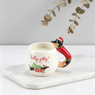 Holly Jolly Dachshund Ceramic Mug Candle with Santa Hat and Scarf Pattern Christmas Party Decoration
