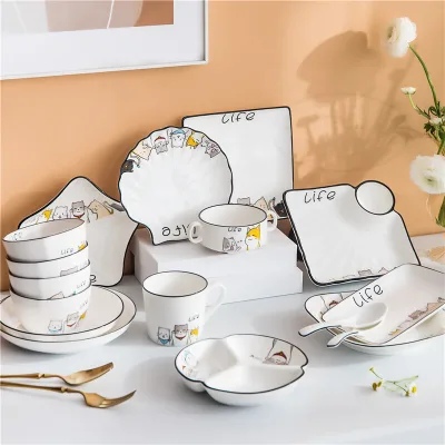 Cute Cat Nordic Ceramic Tableware Set Porcelain Plate and Bowl with Japanese Cartoon Design for Rice and Soup