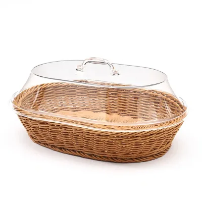 Wicker Small Wholesale Stacked Rectangle PE Rattan Fruit Bread Home Kitchen Organize Tool Handwoven Basket Acrylic Lid