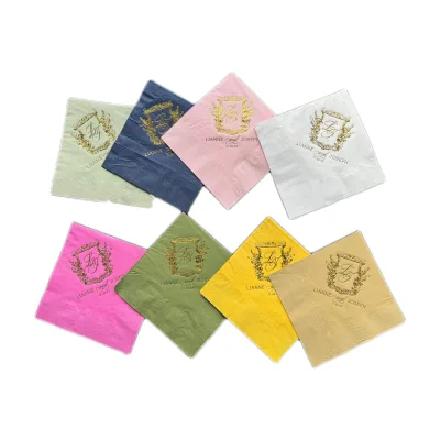 Factory Direct Sale Soft 2 Ply Colored Paper Napkins with Gold Foil Hot Stamping Bag Style 50/Pack