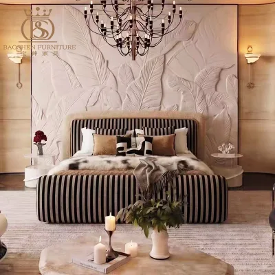 BS Luxurious Modern Design Queen King Fabric Bed with Soft Headboard Upholstered Home Bedroom Furniture for Villas