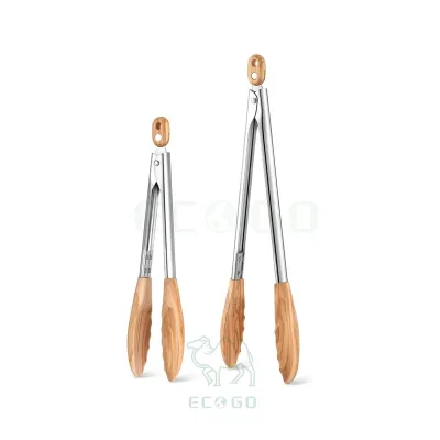 2 Sizes of Olive Wooden Kitchen Tongs for Cooking Wooden Utensil Set Salad Tongs with Wood Tips for Serving Salad