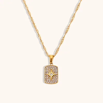18K Gold Full Zircon Star Pendant Necklace Fashion Hypoallergenic Stainless Steel Square Pendant Necklace for Women