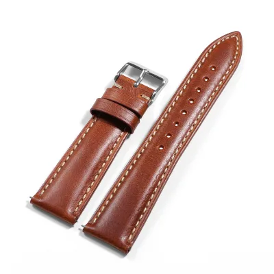 For Samsung Bright Leather Watch Strap Retro Oil Wax Head Layer Cowhide Watchband for Huawei Universal Silver Needle Buckle