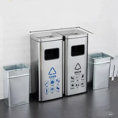 Stainless Steel Standing 2-Compartment Smoking Bin & Trash Can Sturdy Removable Inner Bucket for Hotels Outdoor Public Areas
