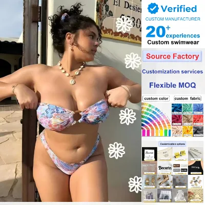 Multi-size Fat Girl Lovely Bikini Two Piece Strapless Women Swimwear Polyester Printed Fabric Bathing Suit
