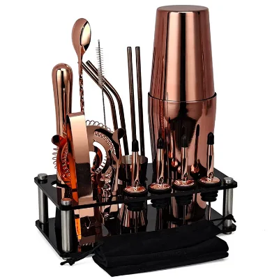 Custom Laser Engrave LOGO 18pcs Bar Tools Barware Rose Goud Copper Bartender Kit Stainless Steel Rose Gold Boston Shaker Set