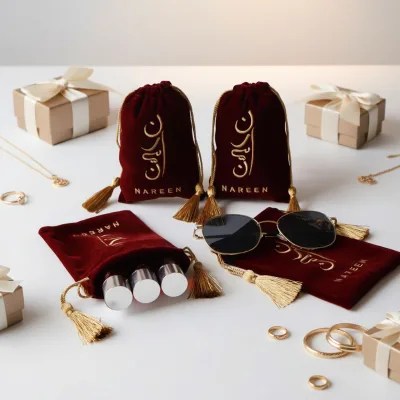 Custom Embroidery Logo Burgundy Velvet Drawstring Pouch with Tassel Luxury Perfume Bottle Packaging Bag for Cosmetics & Jewelry