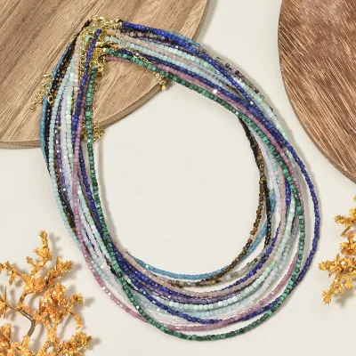 2.5mm Natural Stone Aquamarine Tourmaline Faceted Cube Beads Adjustable Necklace Multicolor Boho Thin Neck Chain for Women
