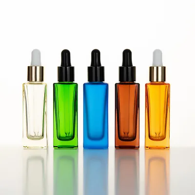 30ml Flat Shoulder Square Rectangle Luxury Glass Dropper Bottles Serum Essential Oil Bottle With Shiny Gold Collar Cap